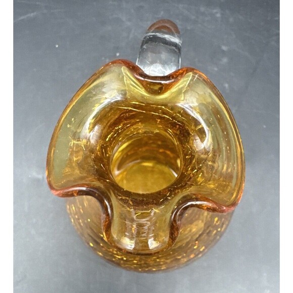 VTG Pilgrim Glass AMBER Crackle Pitcher Vase Ruffle Top Applied Handle 4.5” - Picture 5 of 9